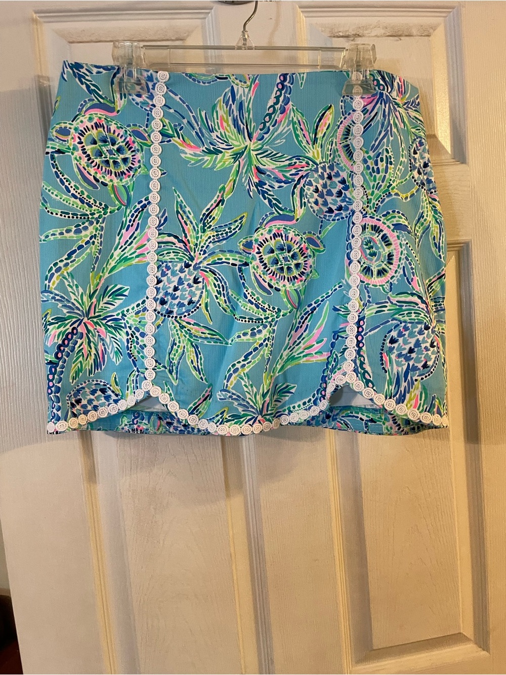 Lilly Pulitzer Turquoise Tropical Mini Skirt with White Lace Trim